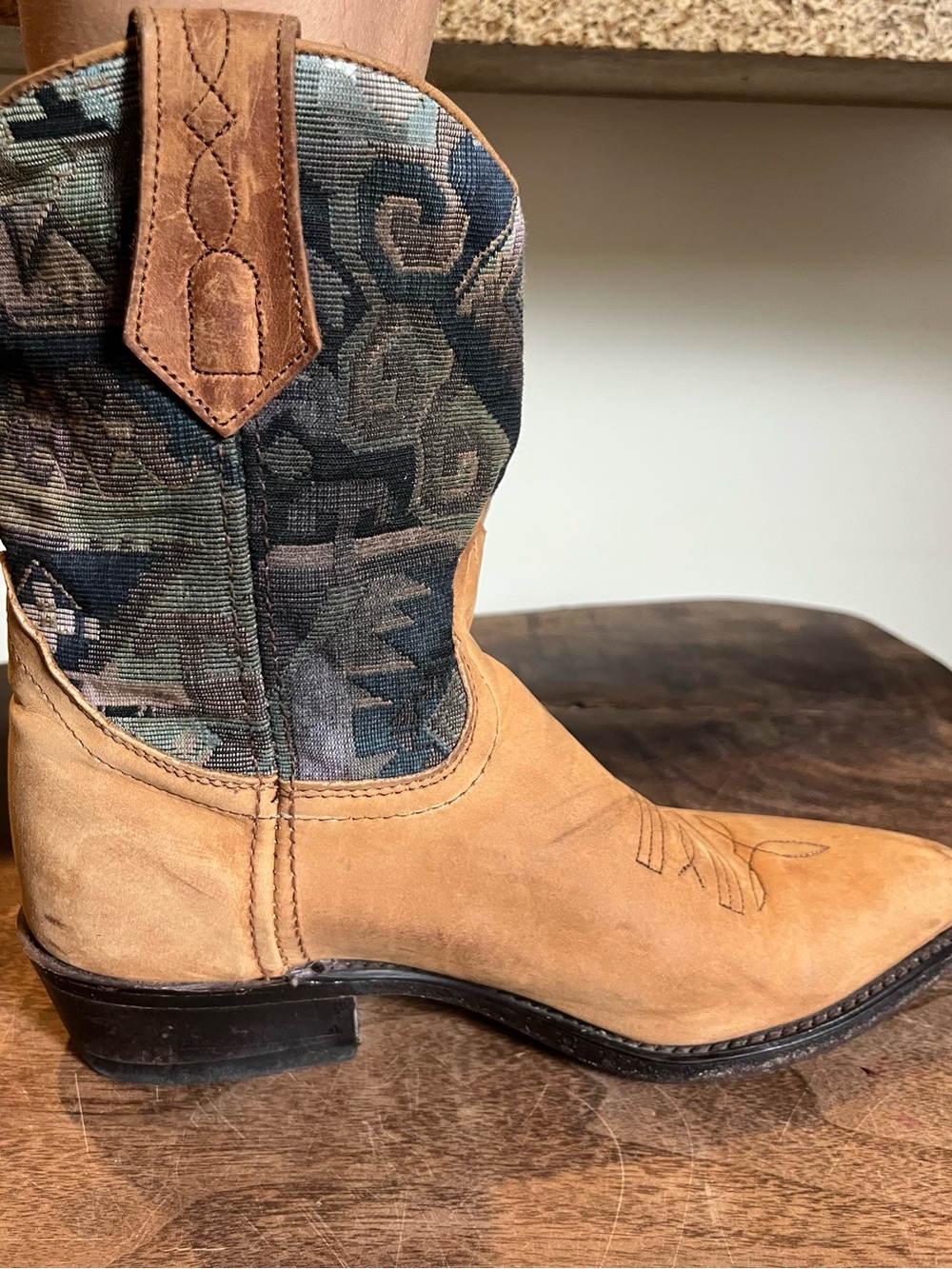 L.L. Bean Tan Suede Western Boots with Tapestry Shaft